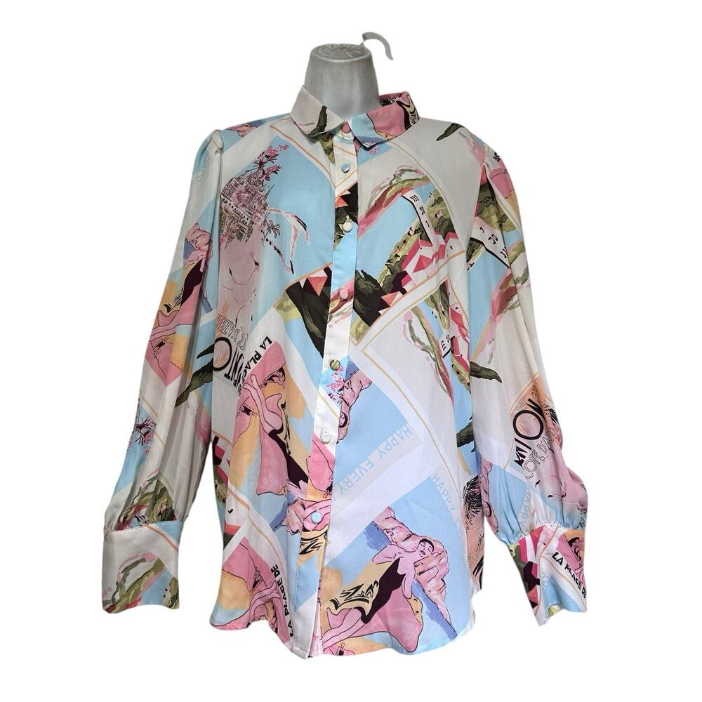 BTFBM Shirt Womens XL Multicolor Travel Print Button Up Long Sleeve Blouse